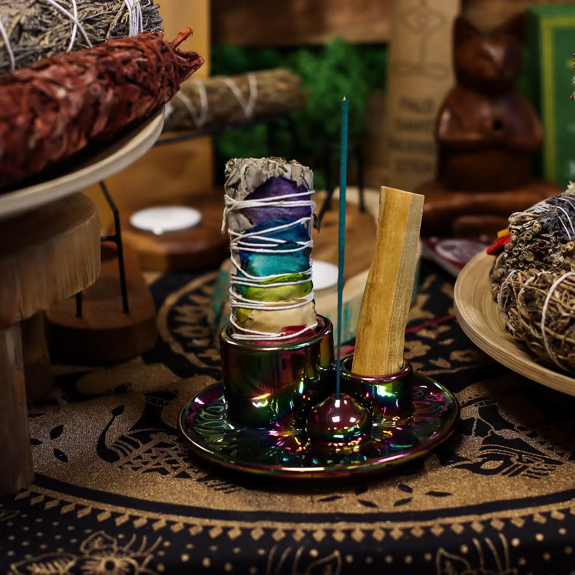 Keramično stojalo – Mandala, kovinsko mavrični videz - stojalo za smudge zavitke, Palo Santo in dišeče palčke - slika 4